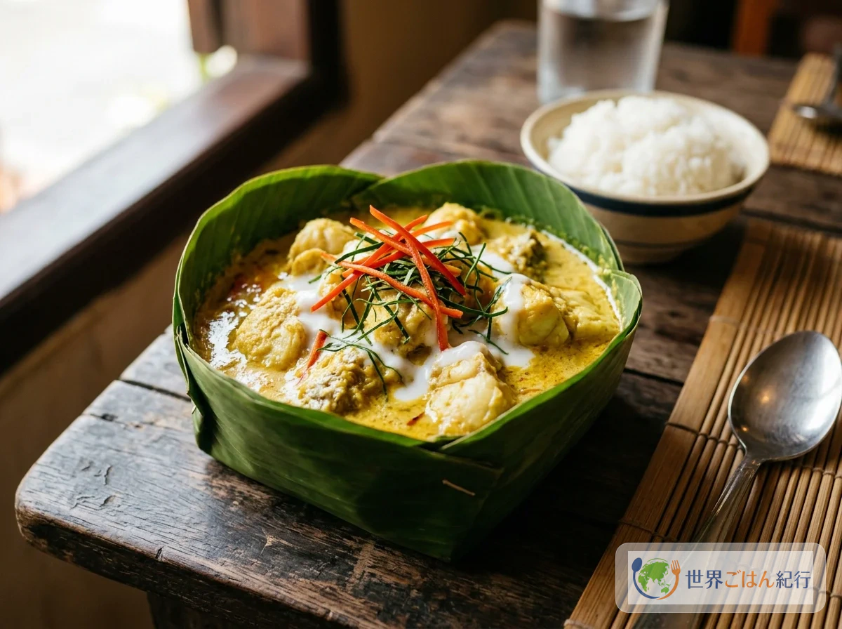 カンボジアの国民食アモック。バナナの葉の器に盛られた魚のココナッツカレー蒸し