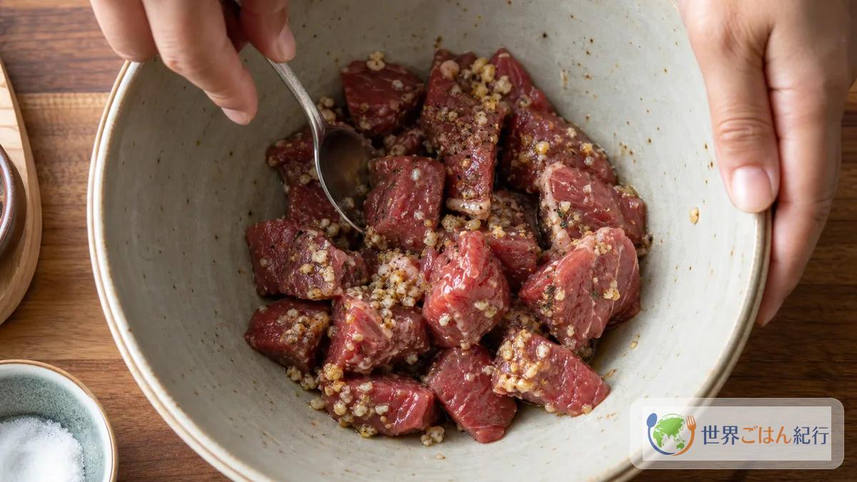 手順1: 牛肉を切って下味を入れる