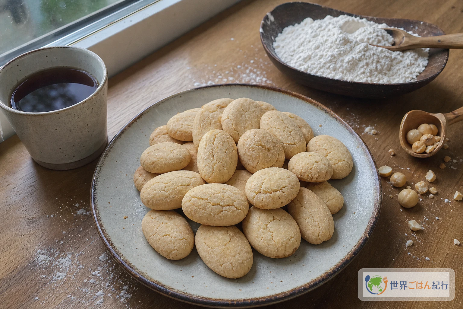 サゴ粉で作ったインドネシアのバゲアを茶とナッツと一緒に盛った皿