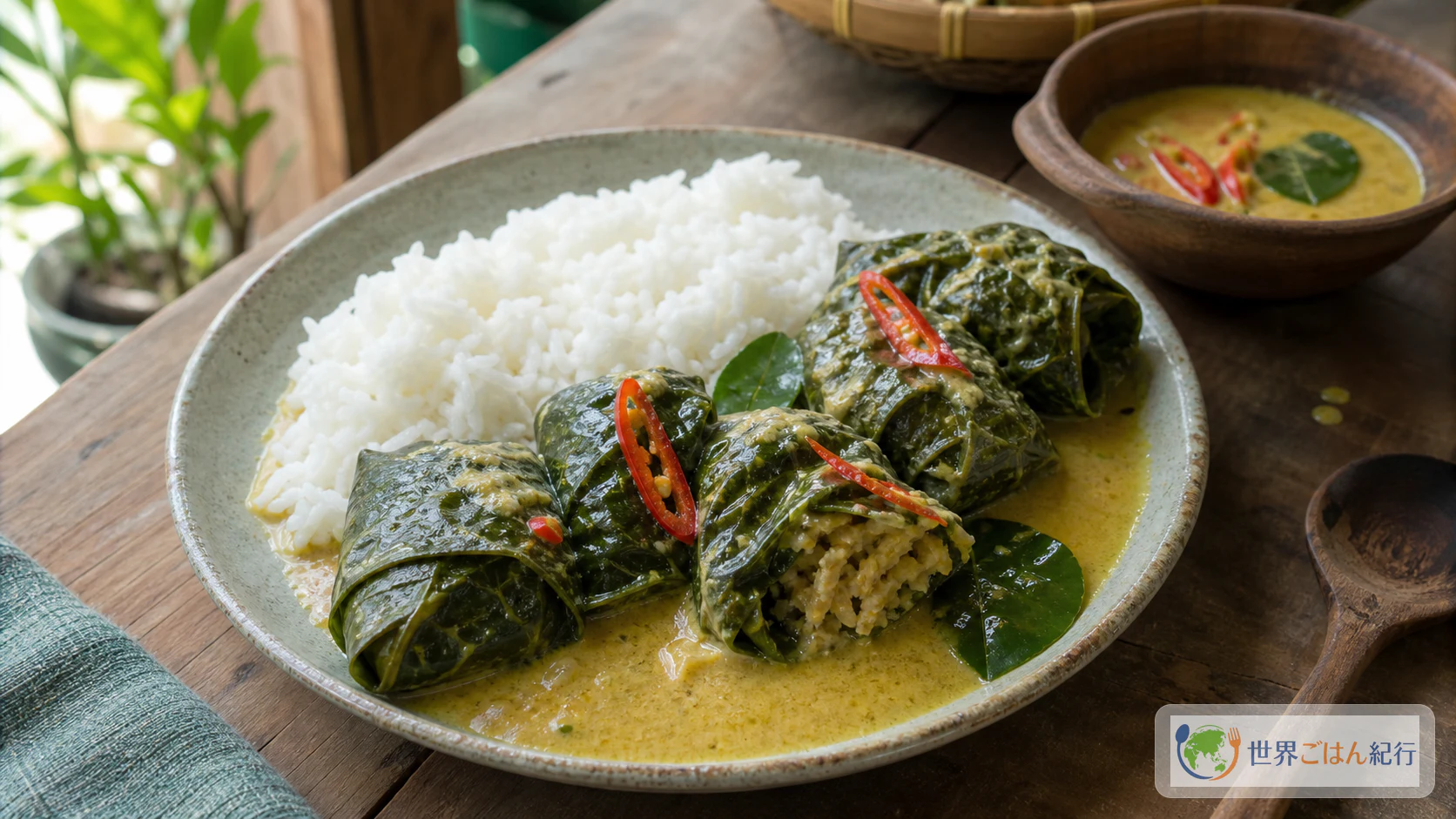 葉で包んだブンティルを黄色いココナッツソースで煮て白いご飯に添えたインドネシアの食卓
