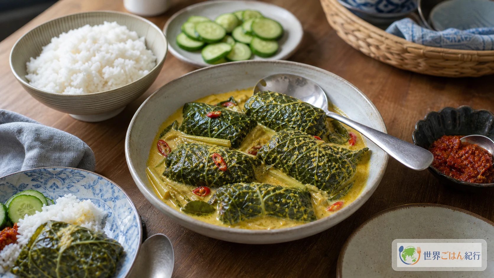 ブンティルの包みを白いご飯、きゅうり、サンバルと並べた家庭の食卓