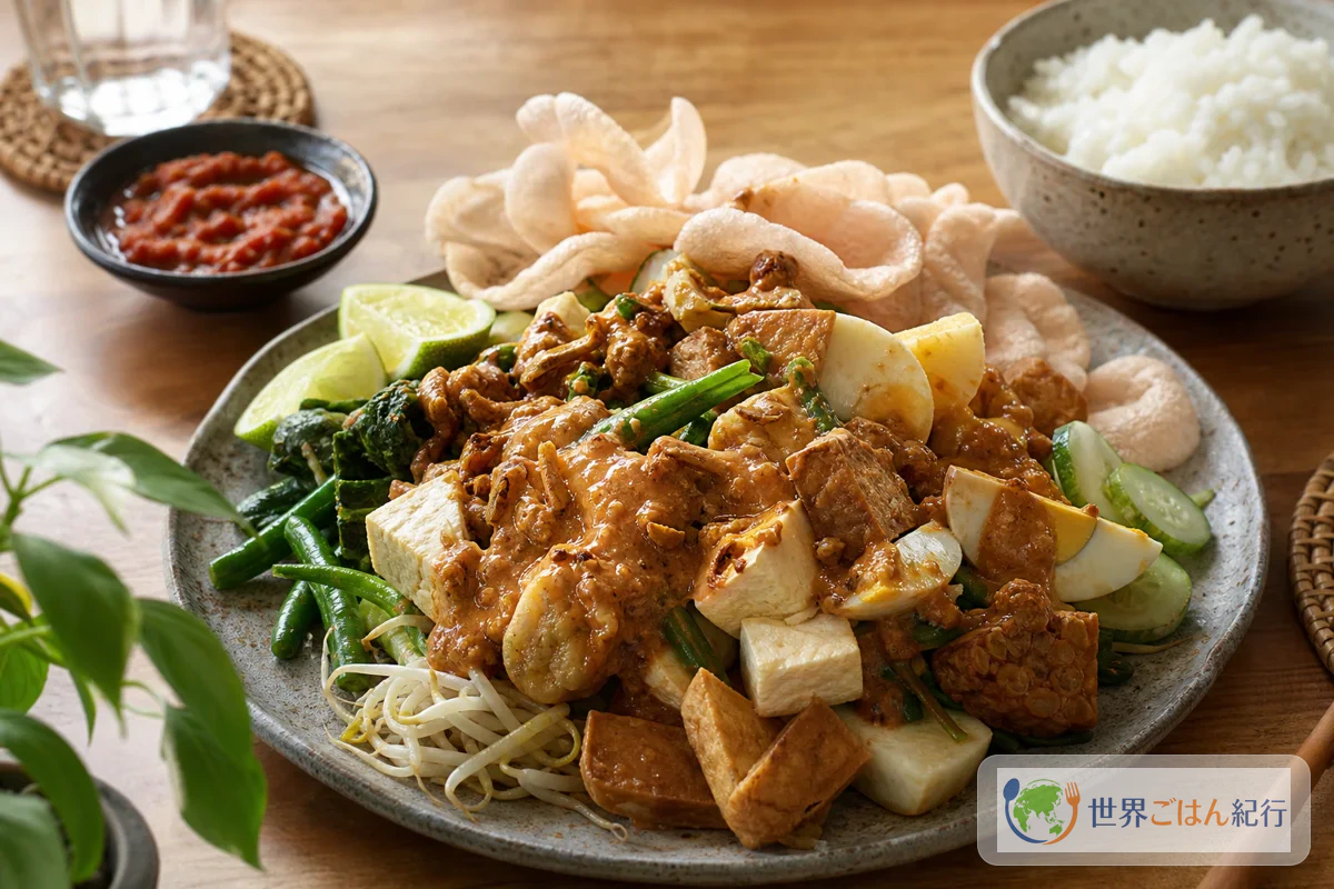 ピーナッツだれを絡めたガドガドとクルプック、白ご飯を並べた食卓