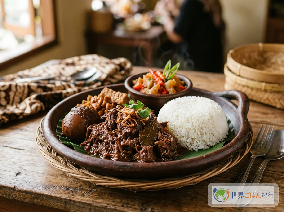 インドネシア料理の食堂風の食卓に米料理、煮込み、サンバルが並ぶ様子