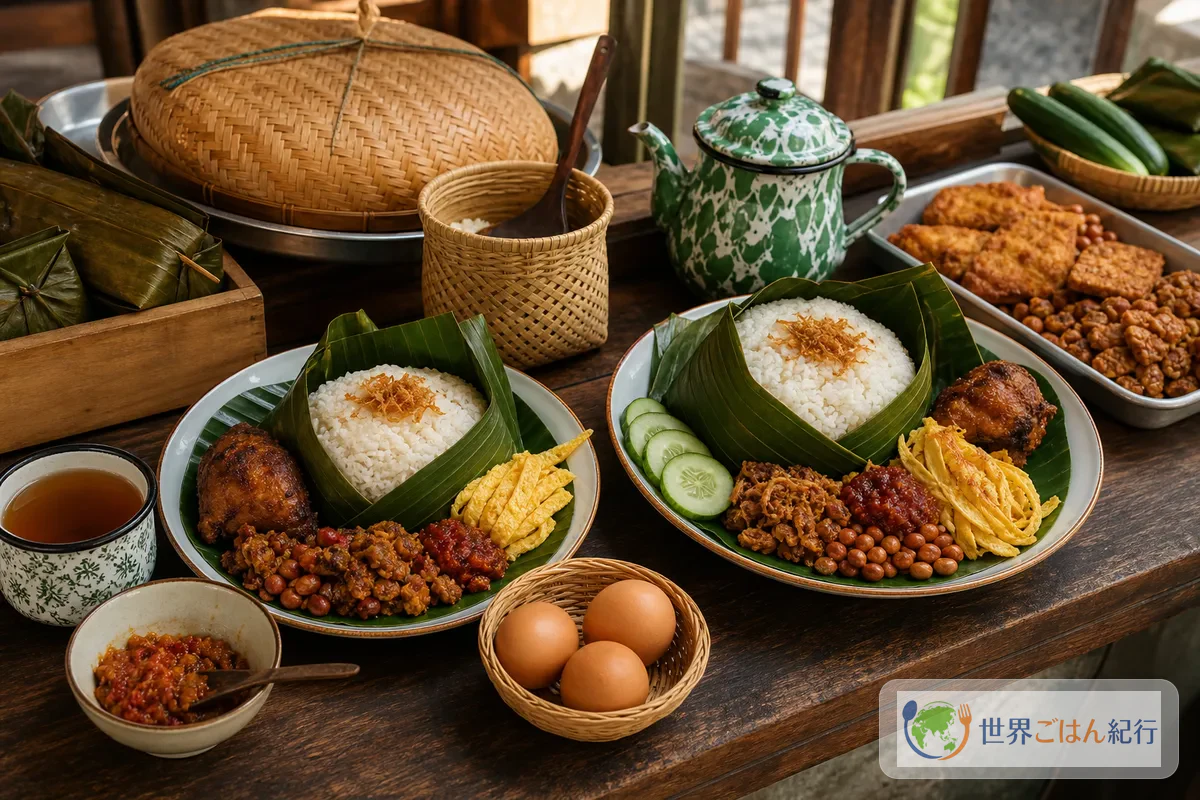 インドネシアの食卓で香りご飯、卵、揚げ物、サンバルを少しずつ並べた皿