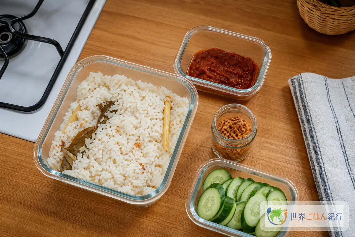 保存容器に分けた香りご飯、辛味、揚げ玉ねぎ、きゅうり