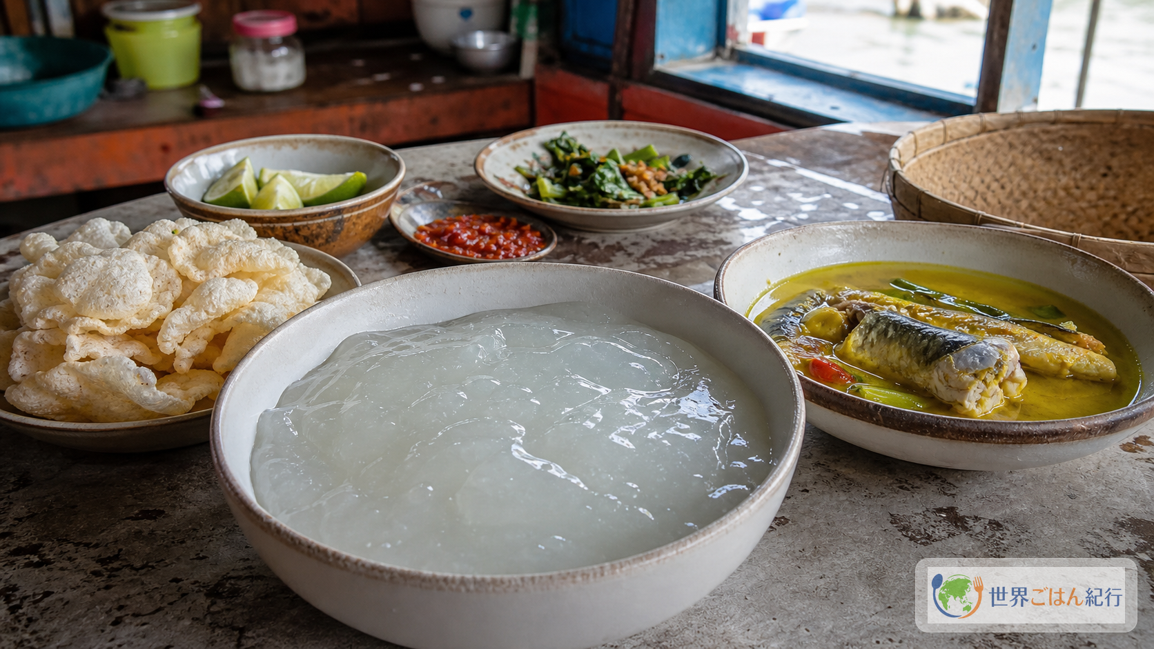 パペダと黄色い魚スープ、サンバル、クルプックを並べた東インドネシアの食卓