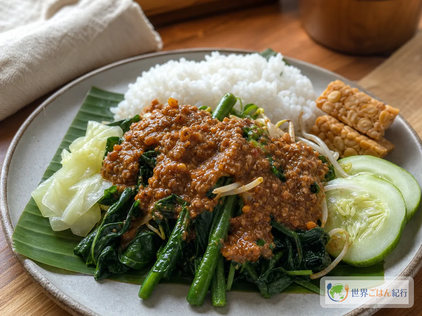 緑の野菜と豆もやしに赤茶色のピーナッツソースをかけたインドネシアのペチェル