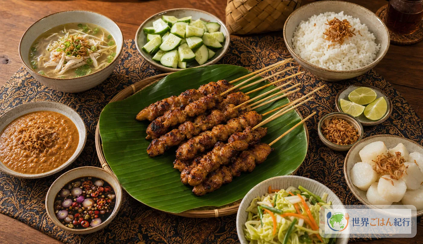 サテアヤムと白ご飯、サンバル、ピーナッツだれを囲む家庭の食卓