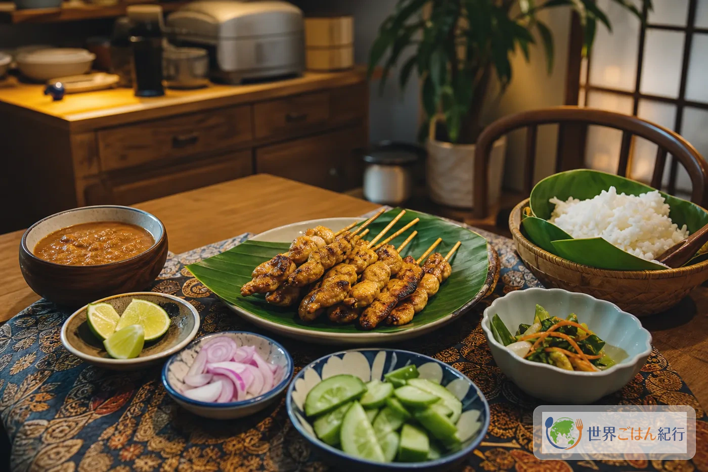 サテアヤム、白ご飯、ピーナッツだれ、きゅうりを日本の食卓に並べた夕食