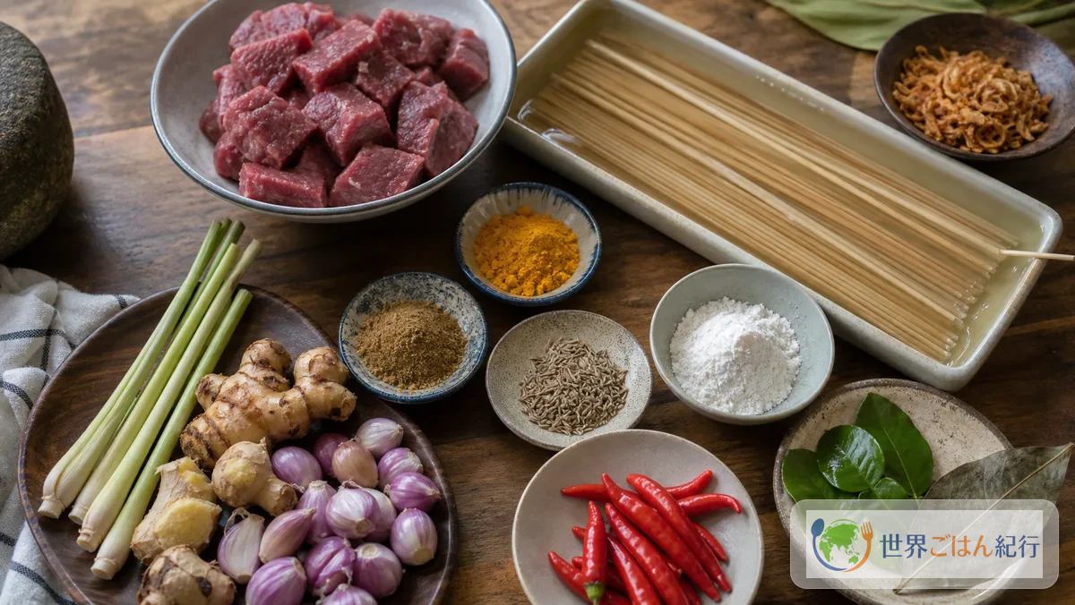 サテ・パダンの牛肉、米粉、スパイス、香味野菜、竹串を並べた台所
