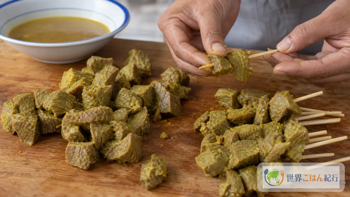 手順3: 肉を切って串に刺す