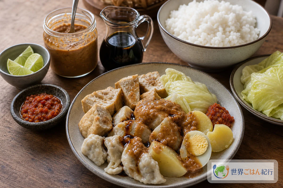 シオマイ、ピーナッツだれ、ケチャップマニス、サンバル、ライム、ごはんを並べた食卓