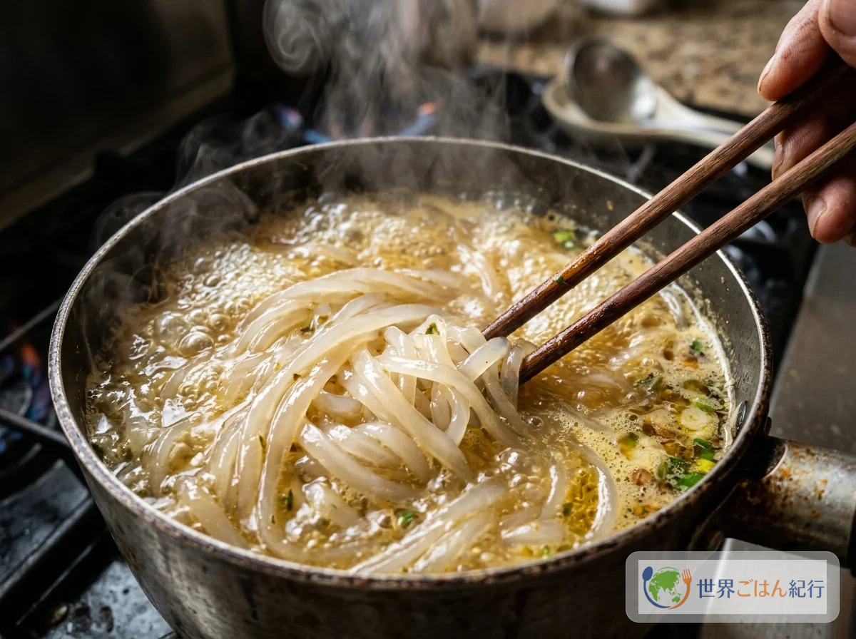 手順4: 麺をブロスで煮る（5分）
