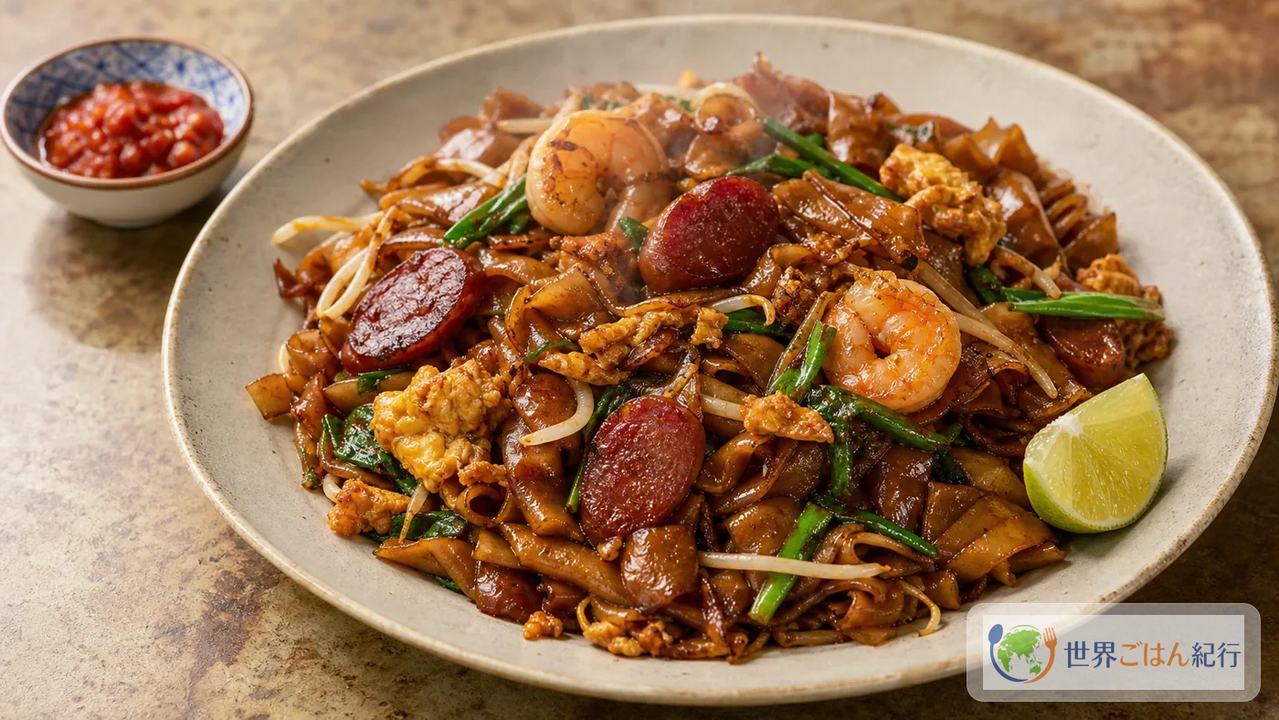 チャークイティオ。平たい米麺をダークソイ、えび、卵、もやし、ニラで炒めたマレーシアとシンガポールの屋台麺
