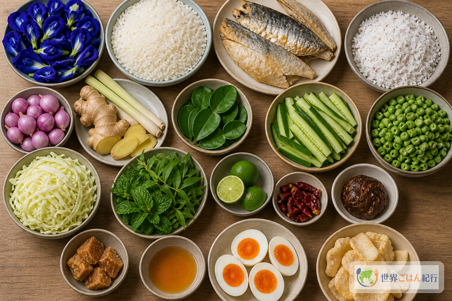 蝶豆花、米、さば、香草、ココナッツ、ライムなどナシ・クラブの材料