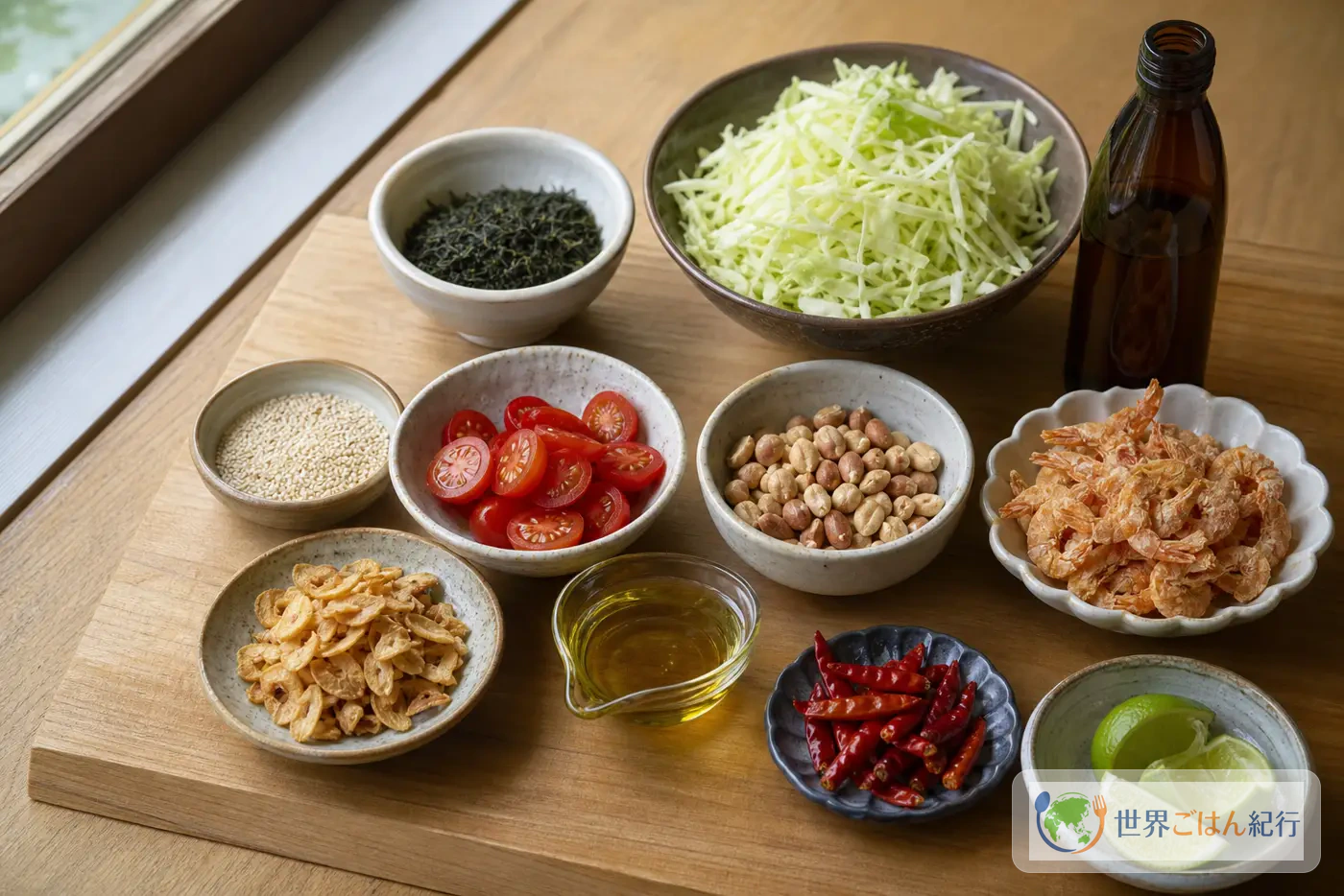 ラペットゥの材料。茶葉、キャベツ、トマト、豆、ごま、干しえび、ライムを並べる