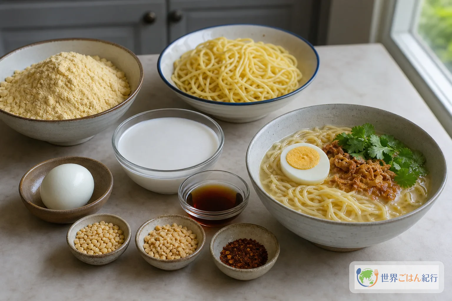 オーノ・カウスエの器と、ひよこ豆粉や麺の代替材料を小皿に分けた様子