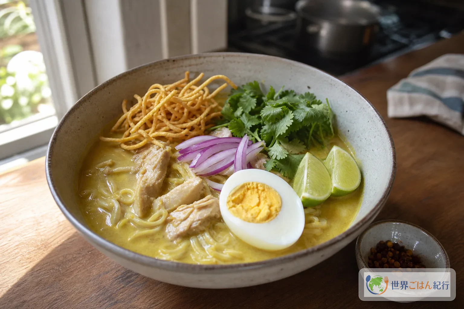 ココナッツミルクのスープに卵麺、鶏肉、ゆで卵、揚げ麺、ライムを添えたミャンマーのオーノ・カウスエ