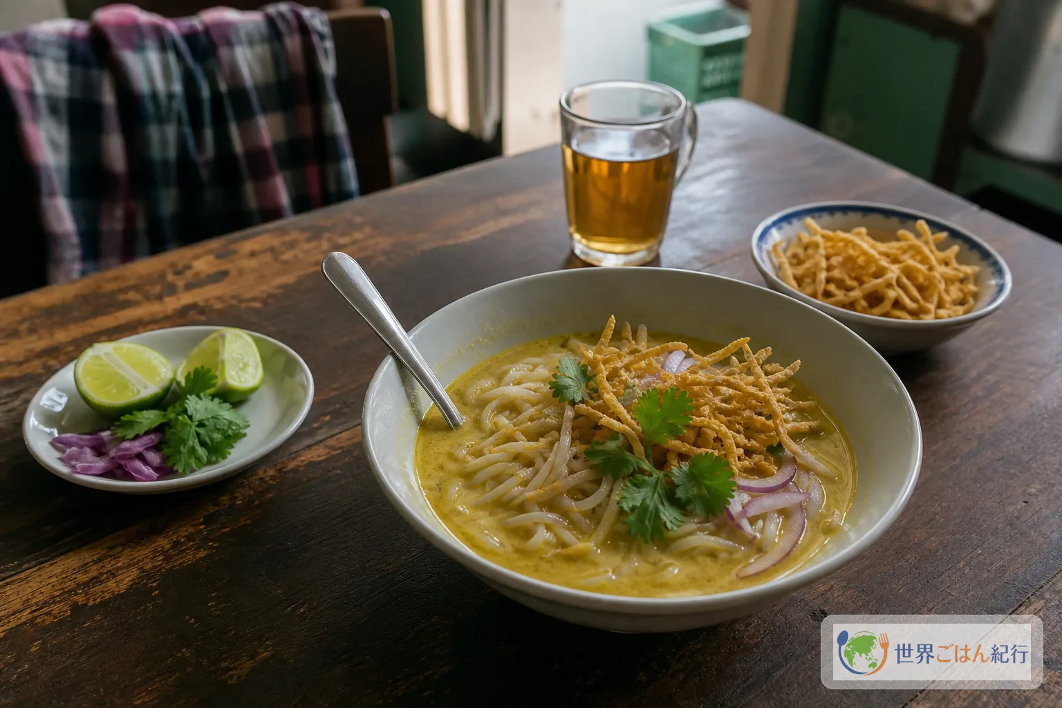 ミャンマーの食卓に置かれたオーノ・カウスエ。白いココナッツ麺に揚げ麺とライムが添えられている