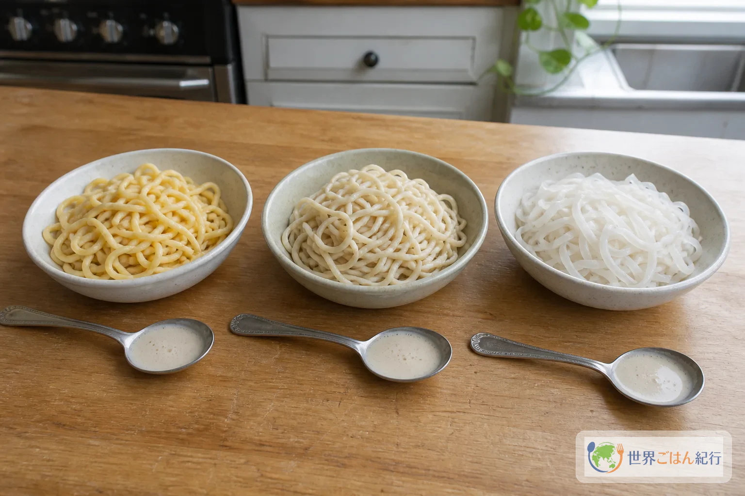 卵麺、米麺、中華麺を並べて食感の違いを比べる準備