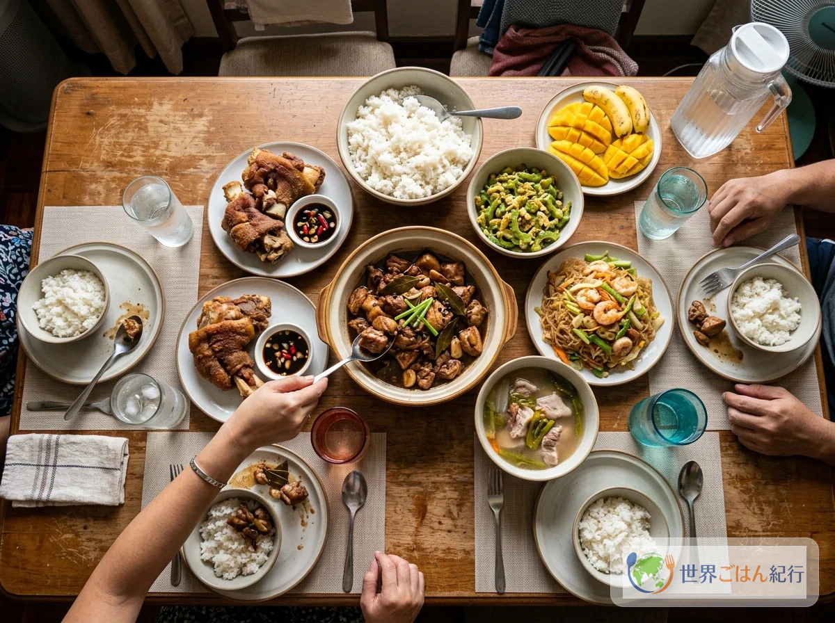 フィリピンの家族の食卓。アドボが中央に、白ご飯とともに並んでいる