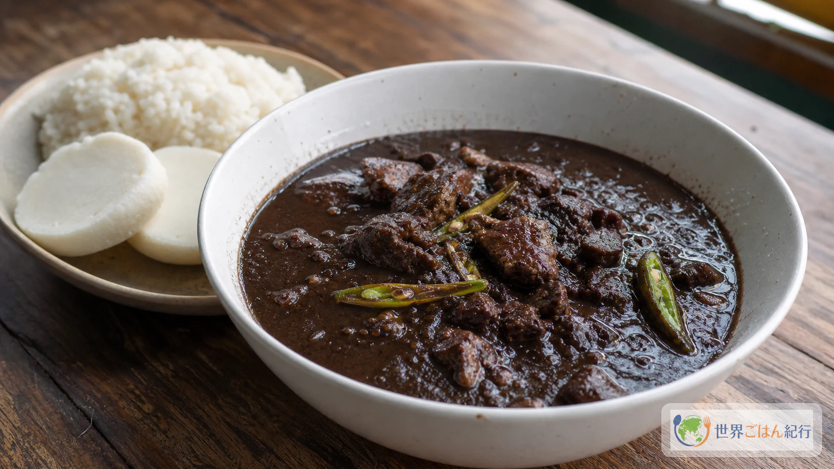 白ごはんとプトを添えたフィリピンのディヌグアン。豚肉を黒く濃い豚血ソースで煮込んだ一皿