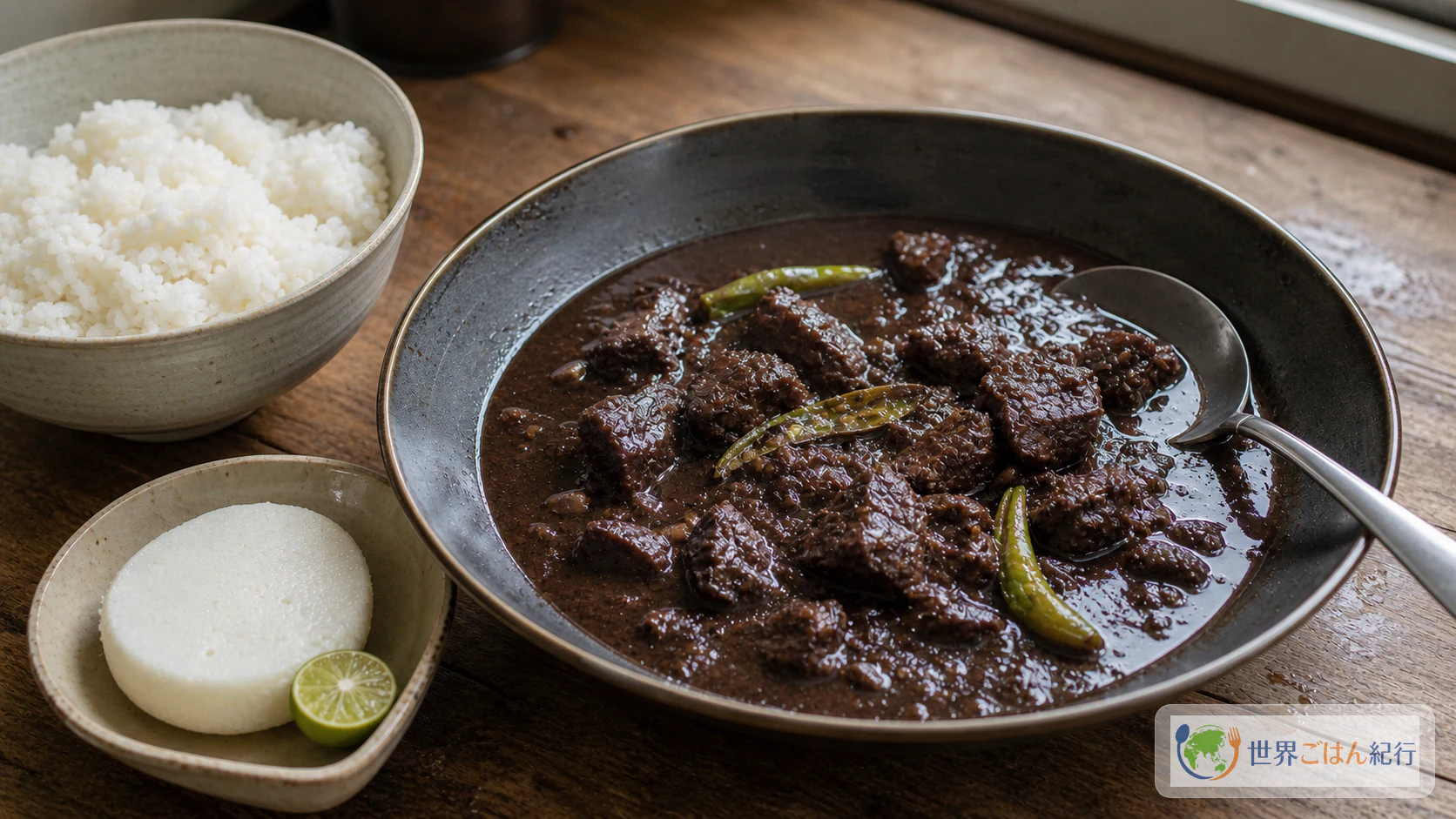 白ごはんとプトを添えたフィリピンのディヌグアン。深い器に豚血ソースと豚肉を盛り、ライムを添えた食卓