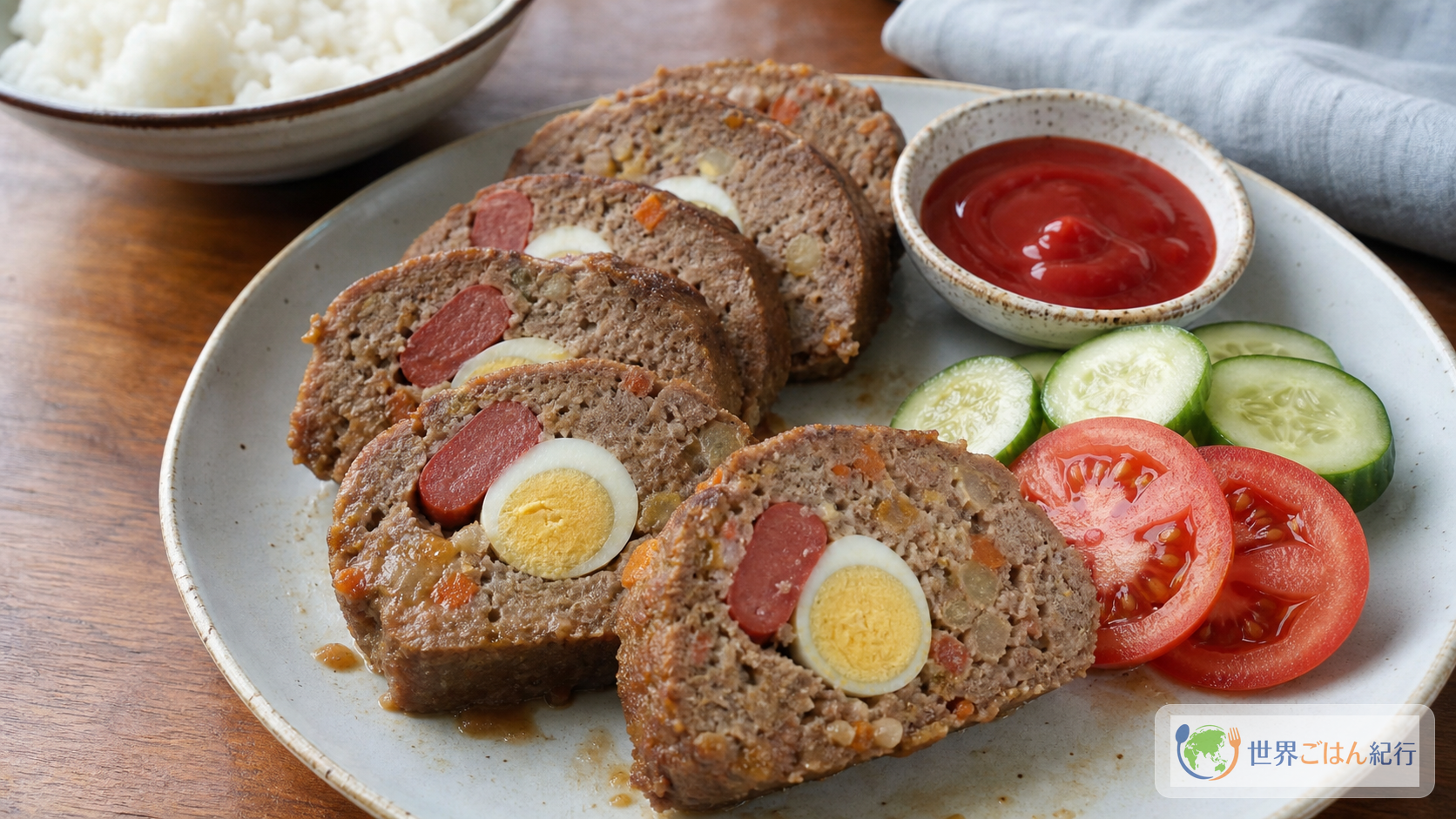 フィリピンのエンブティード。卵とソーセージを巻き込んだ豚ひき肉の蒸し肉巻きを切り、バナナケチャップ、ごはん、きゅうり、トマトを添えた皿