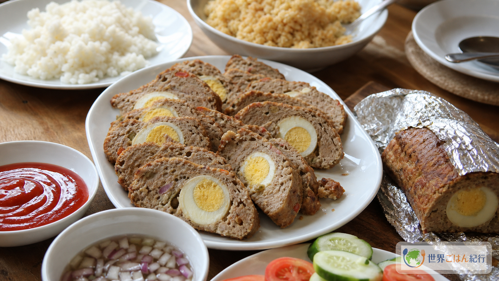 エンブティード、白ごはん、ガーリックライス、酢の小鉢、バナナケチャップを並べた家庭の食卓