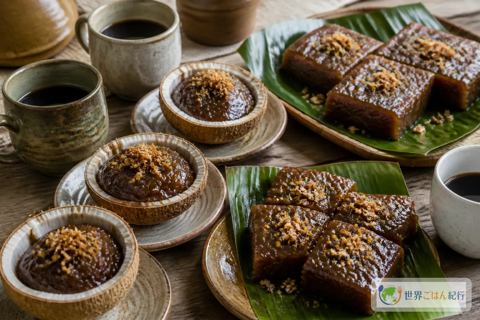 ココナッツの殻やバナナの葉にカラマイを盛り、コーヒーを添えたフィリピンのおやつの食卓