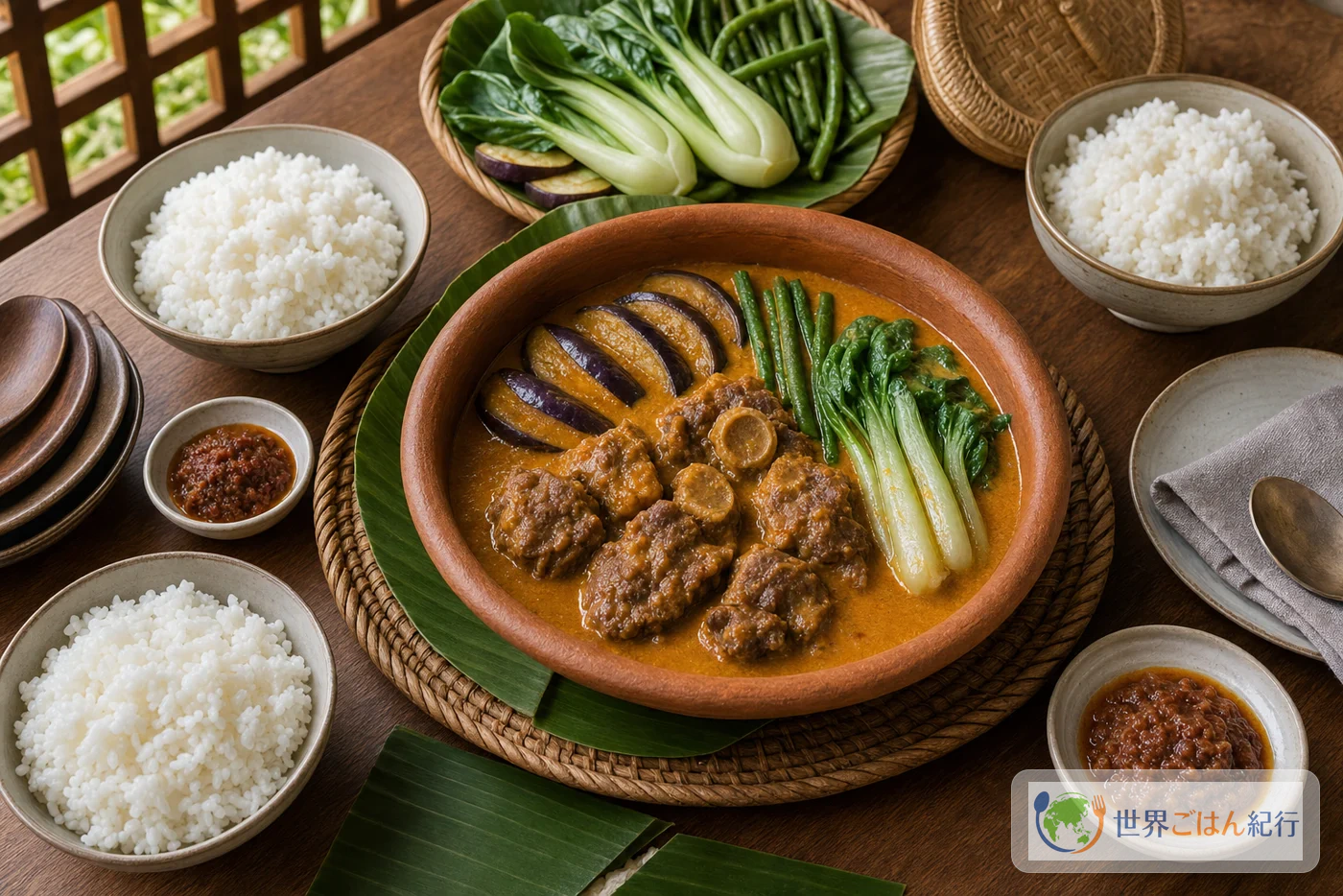 白いご飯とバゴオンを添えたフィリピン料理カレカレの大皿