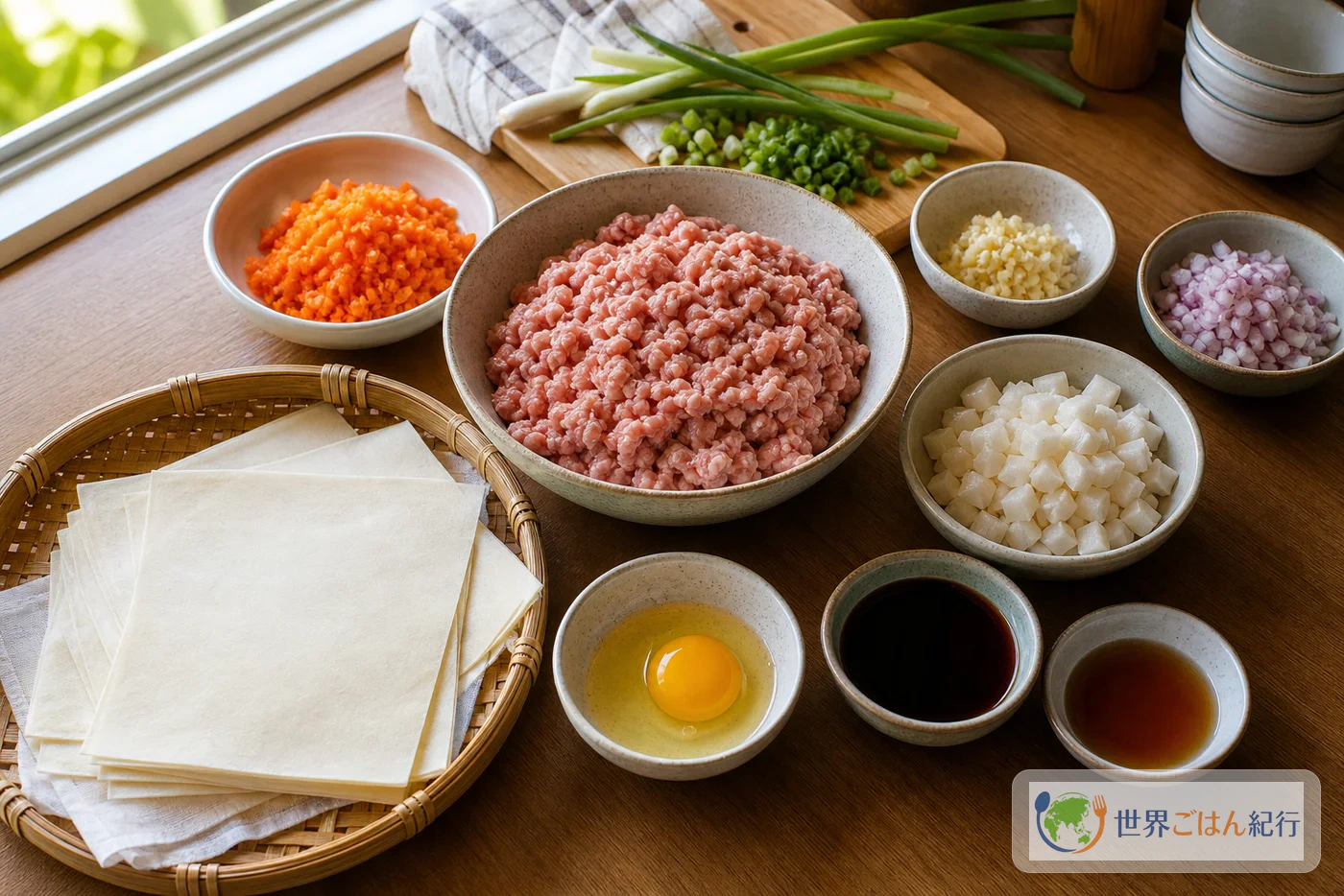 豚ひき肉、野菜、卵、薄い春巻きの皮を並べたルンピアン・シャンハイの材料