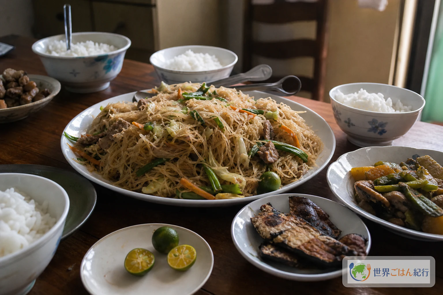 白米、焼き魚、パンシット・ビーフンを並べた家庭の食卓
