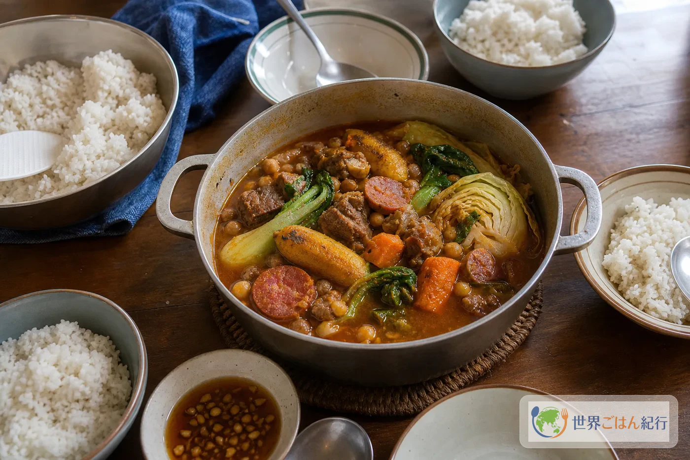 白いご飯と小皿を添えて食卓に置いたフィリピンのポチェロ