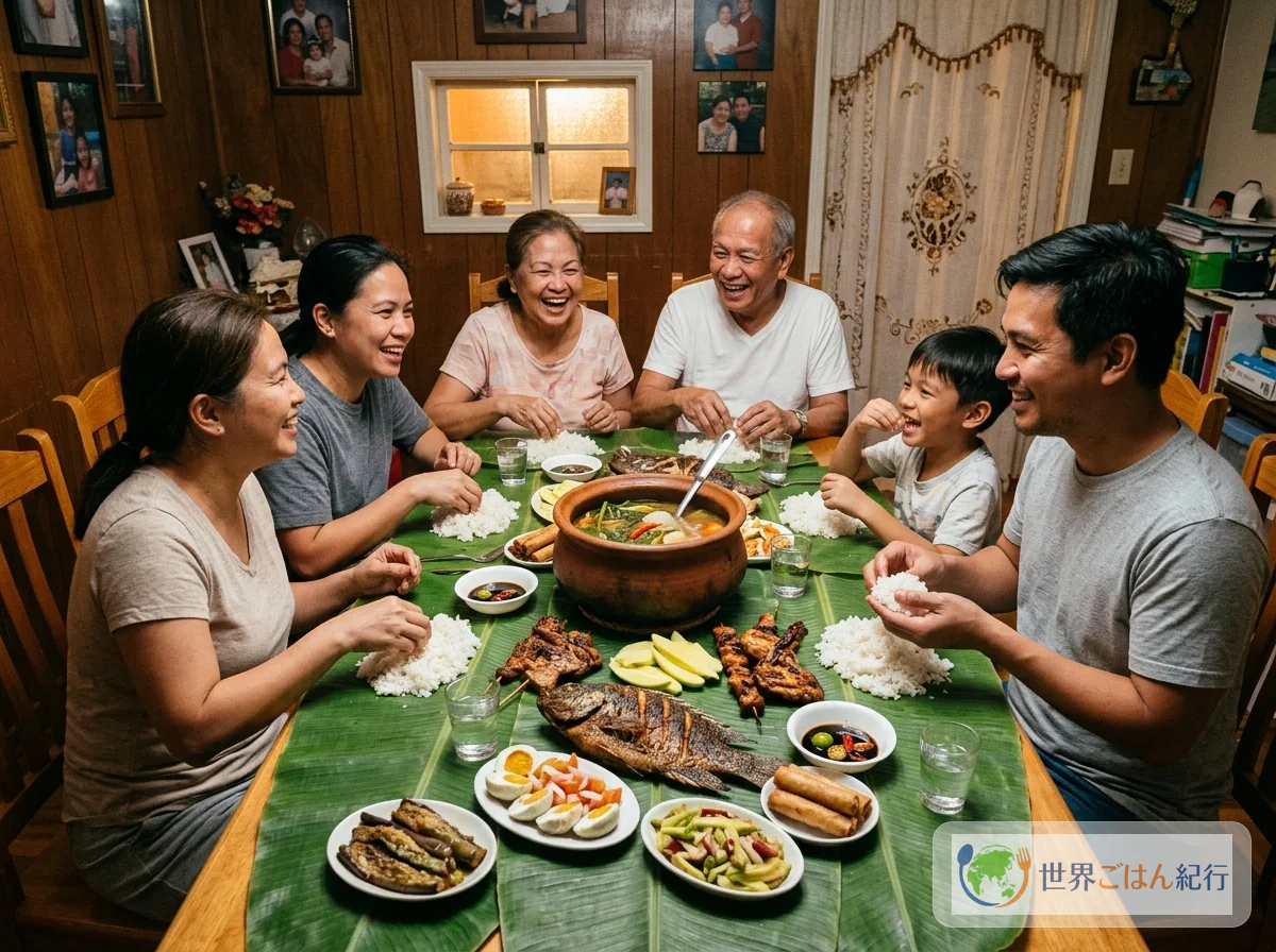 フィリピンの家族の食卓。シニガンを囲む風景