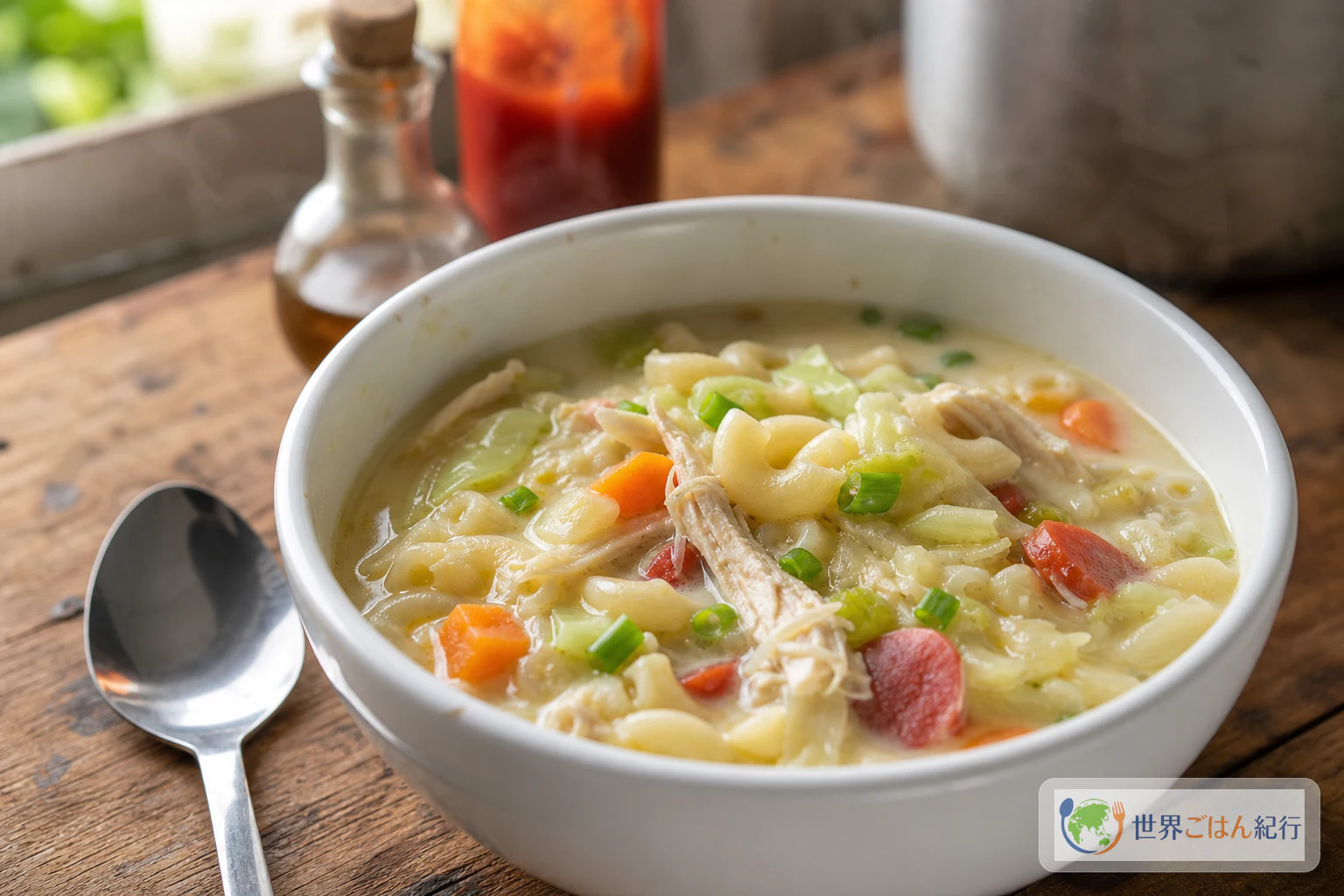 フィリピンのSopas。鶏肉、マカロニ、にんじん、キャベツ、ソーセージを入れた白いマカロニスープを木のテーブルに置いた一皿