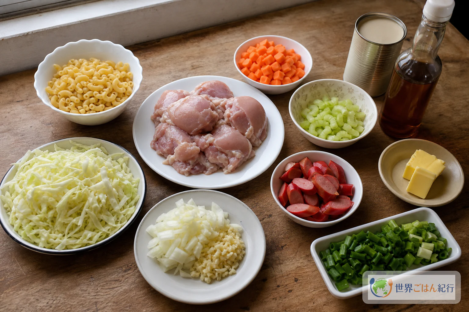 Sopasの材料。エルボーマカロニ、鶏もも肉、にんじん、セロリ、キャベツ、玉ねぎ、にんにく、エバミルク、パティス、ソーセージ、バターを並べている
