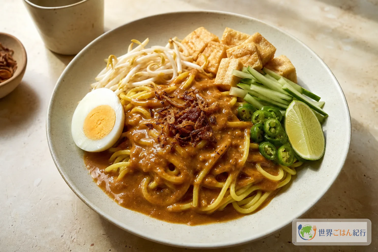 黄色い卵麺に濃いさつまいもソースと卵、豆もやし、揚げ豆腐を盛ったシンガポールのミー・ルブス