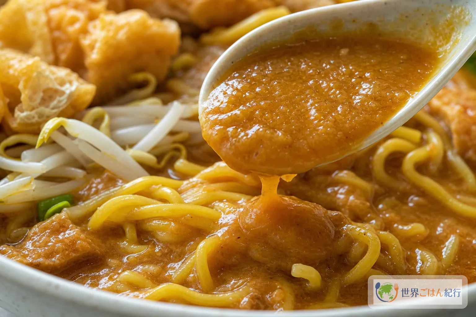 とろみのあるミー・ルブスのソース、黄色い麺、豆もやし、揚げ豆腐の食感を見せる盛り付け