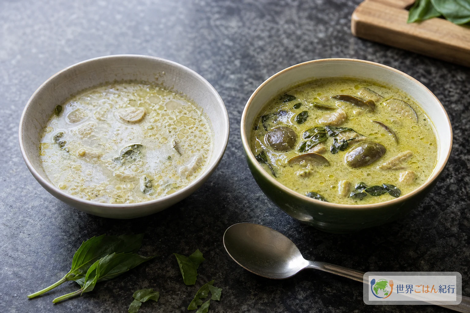水っぽく分離したグリーンカレーと、油が浮いてつやのあるグリーンカレーを並べた比較
