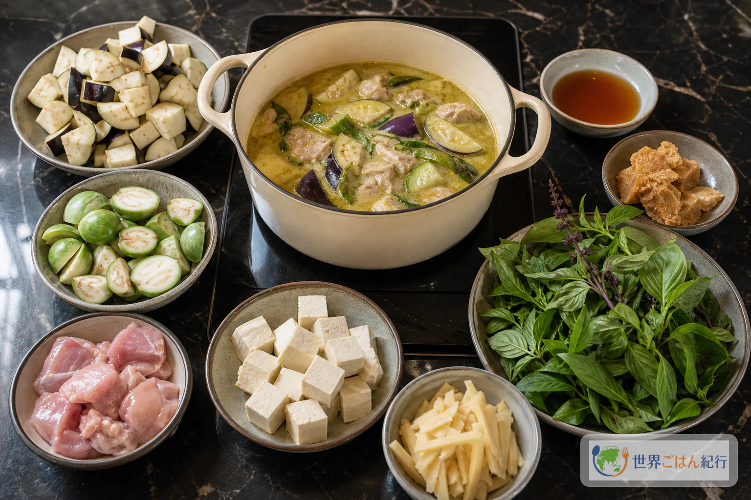 鶏肉、豆腐、タイなす、日本のなす、竹の子、バジルを並べたグリーンカレーの代替食材