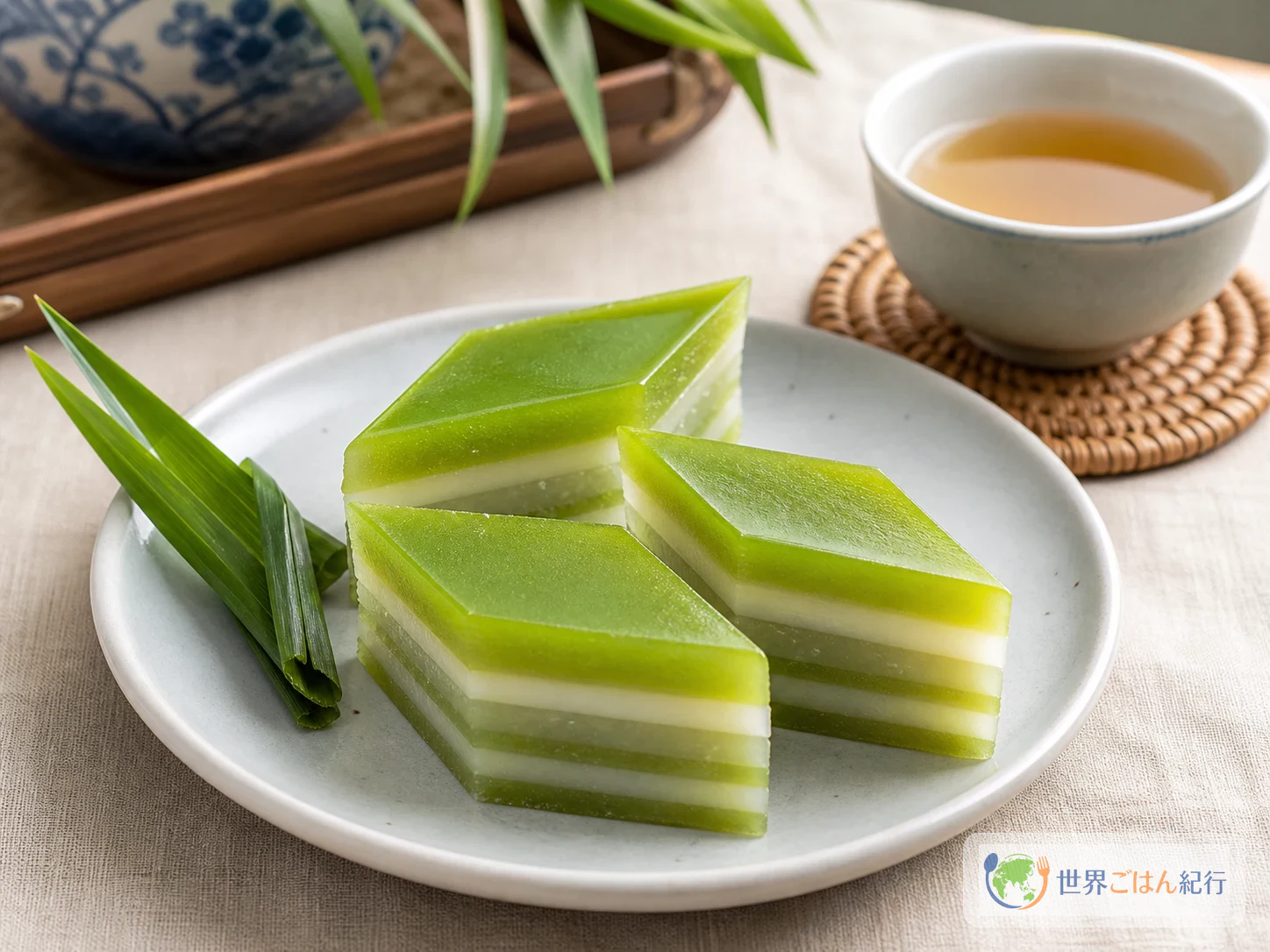 菱形に切ったカノム・チャンをタイの茶と一緒に盛り付けた食卓