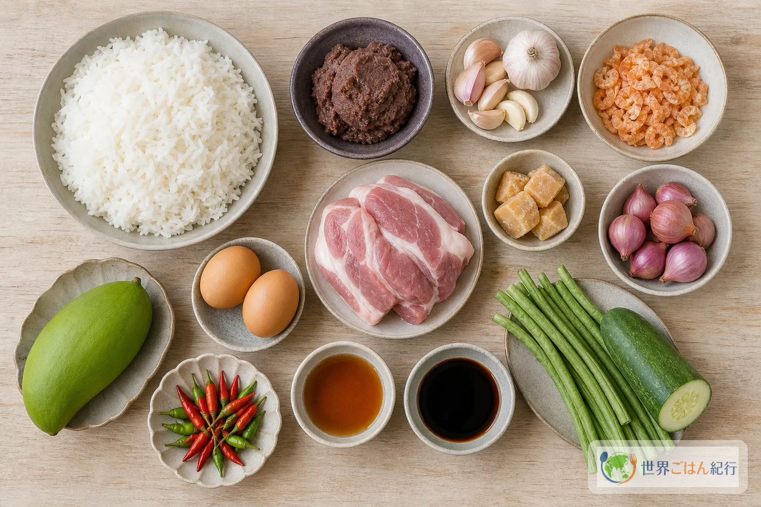 カオクルックガピの材料。冷ましたジャスミンライス、カピ、豚肉、青マンゴー、卵、干しえび、野菜を並べた俯瞰写真