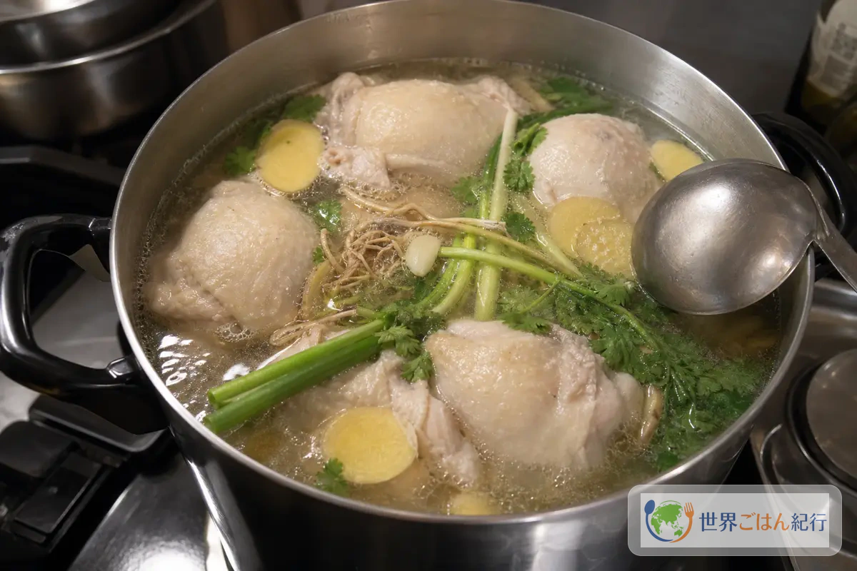 手順1: 鶏を静かに茹でる（35分）