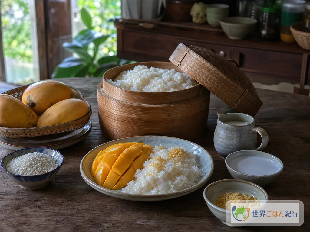 マンゴーもち米、蒸籠、果物を囲んだタイ料理の食卓
