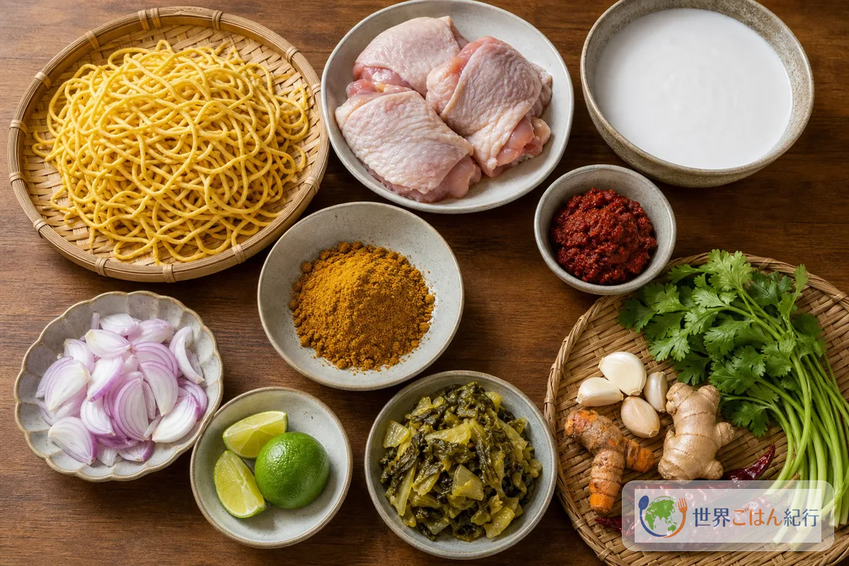 卵麺、鶏肉、ココナッツミルク、香辛料、高菜漬け、ライムを並べたカオソーイの材料