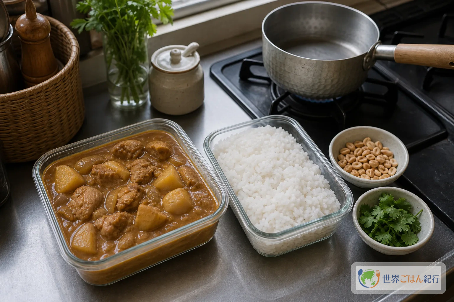 マッサマンカレー、ご飯、ピーナッツを別容器に分け、弱火で温め直す準備をした保存風景