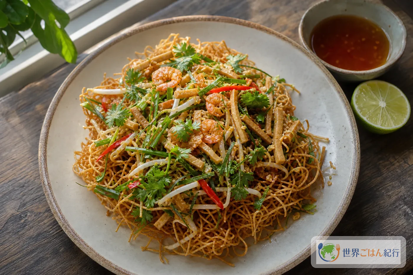 甘酸っぱいタマリンドソースを絡めたタイの揚げ米麺ミーグロープ