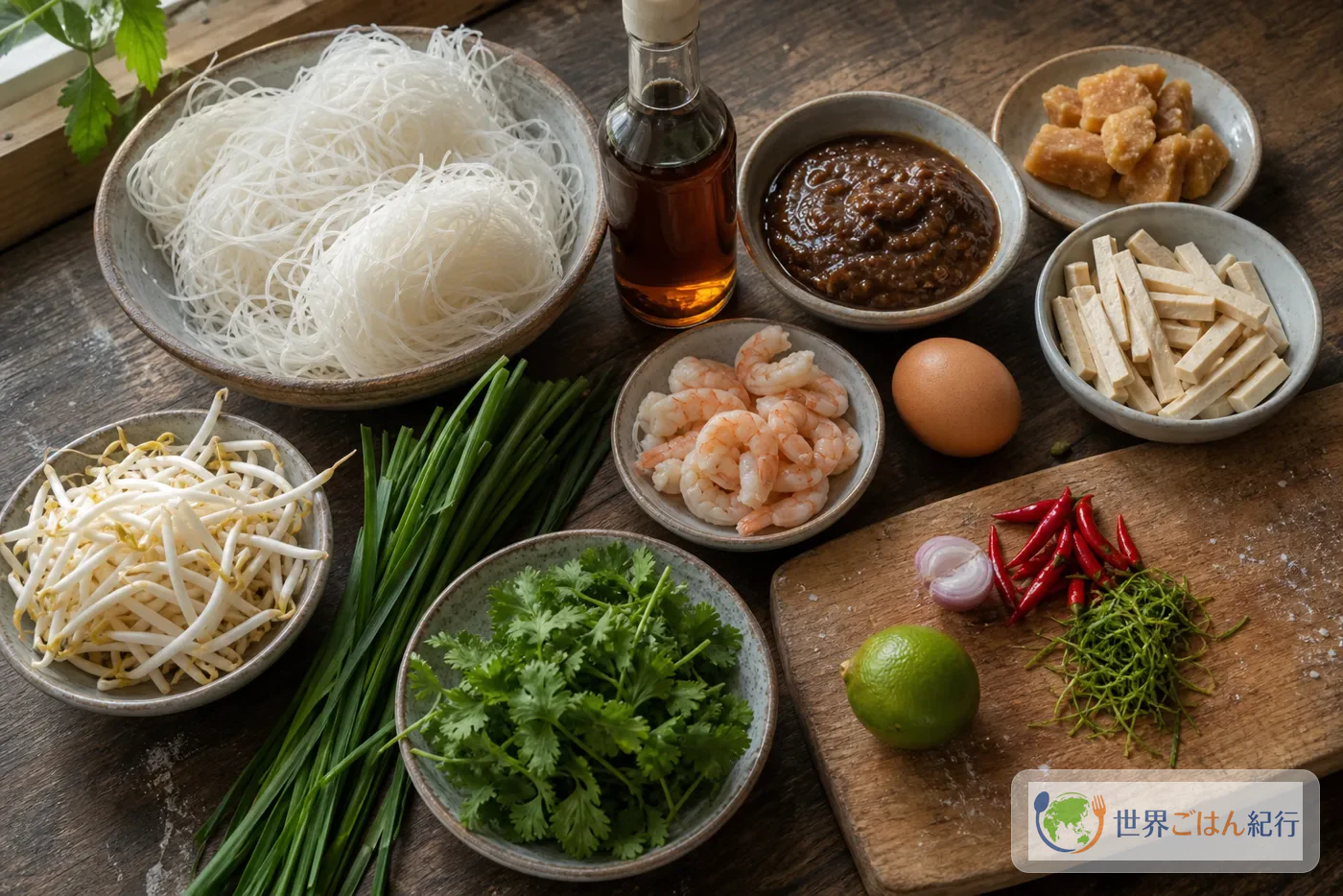 ミーグロープに使う細い米麺、タマリンド、ナンプラー、豆腐、えび、香草
