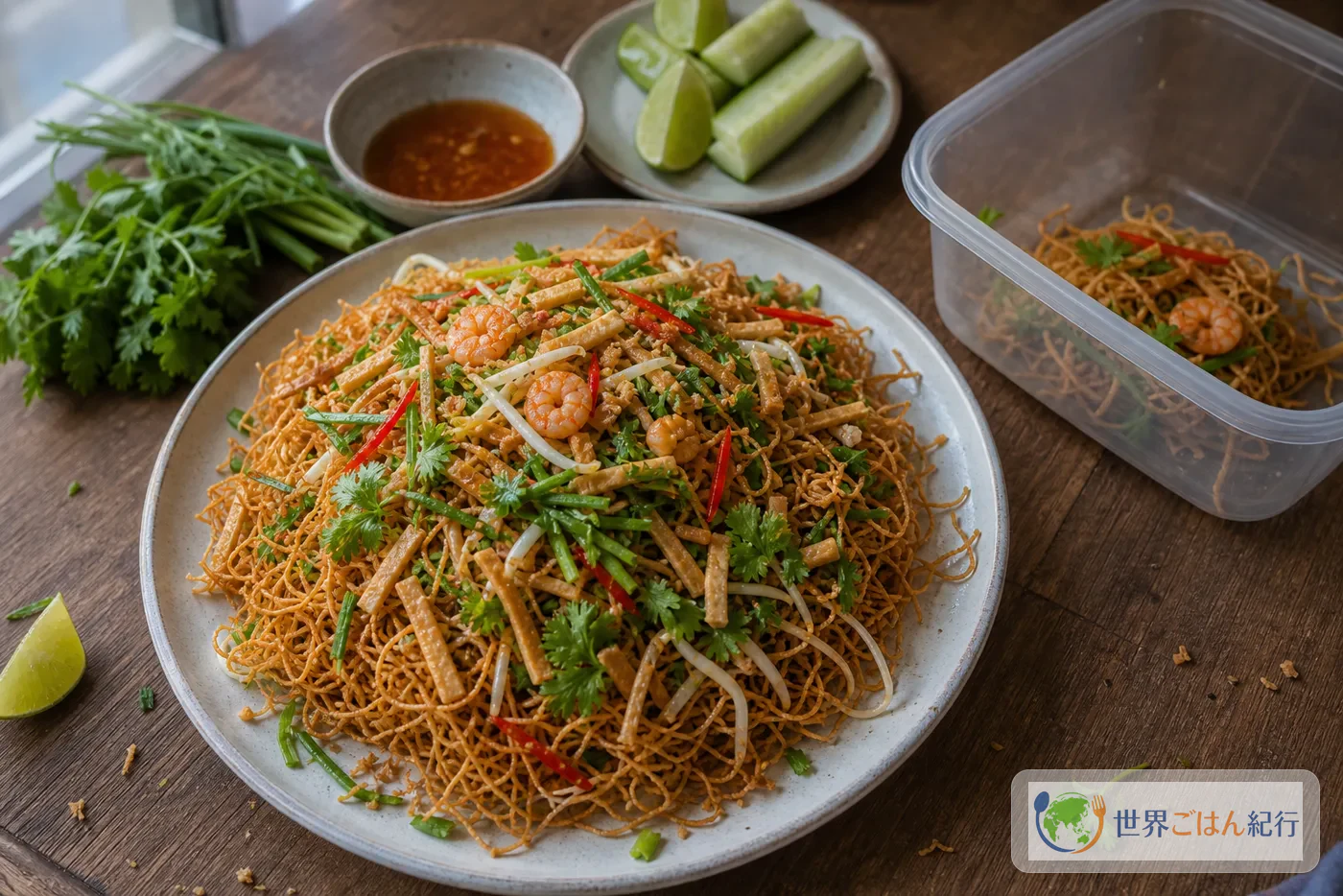 揚げ麺、ソース、香味野菜を分けて保存するミーグロープの作り置き